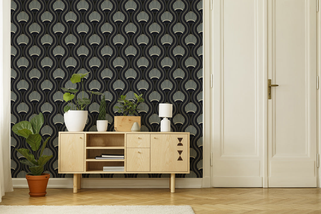 African Art Deco Shell - Black and Blue Wallpaper