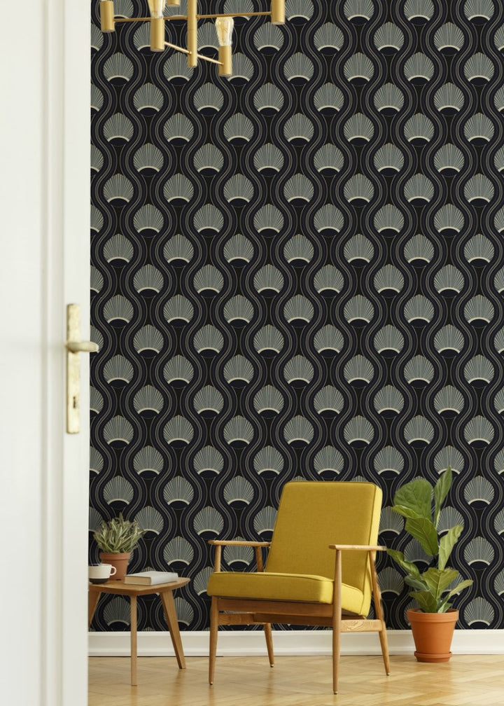 African Art Deco Shell - Black and Blue Wallpaper