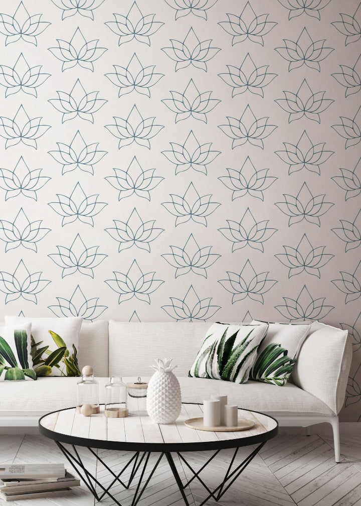 Lotus - Dusty Blue Floral Wallpaper by Bohemian Bungalow