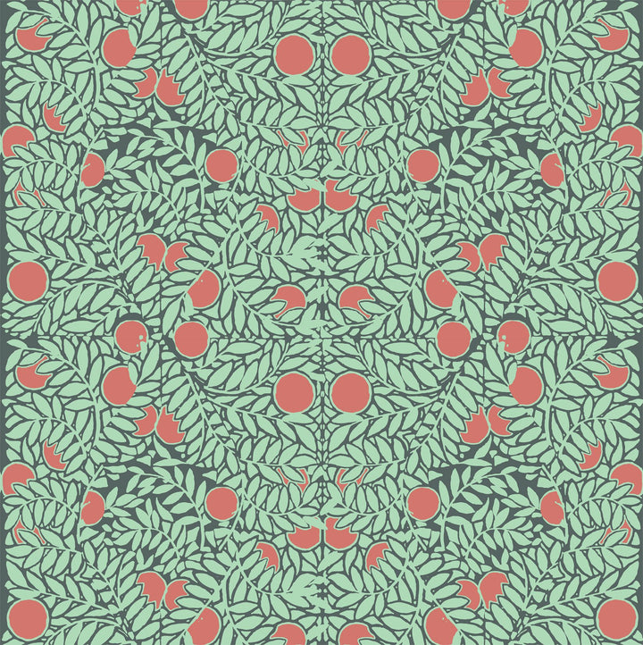 Orange Bush - Mint & Coral Floral Wallpaper