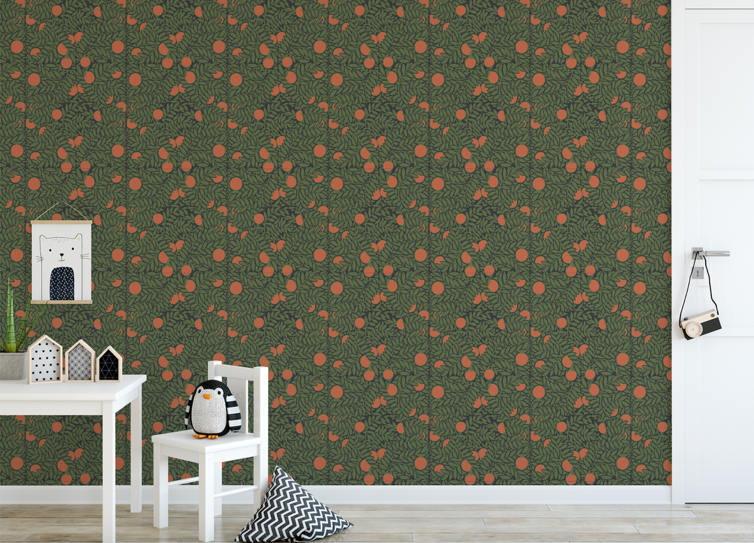 Orange Grove - Forest Green Floral Wallpaper