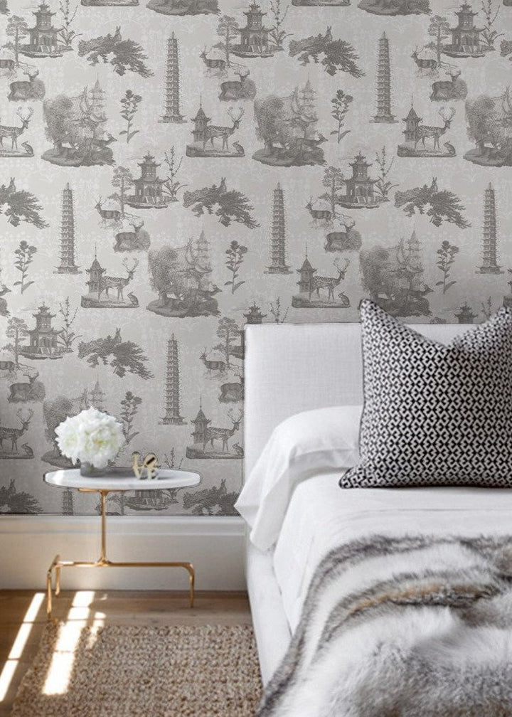 Pagoda Toile - Charcoal Wallpaper