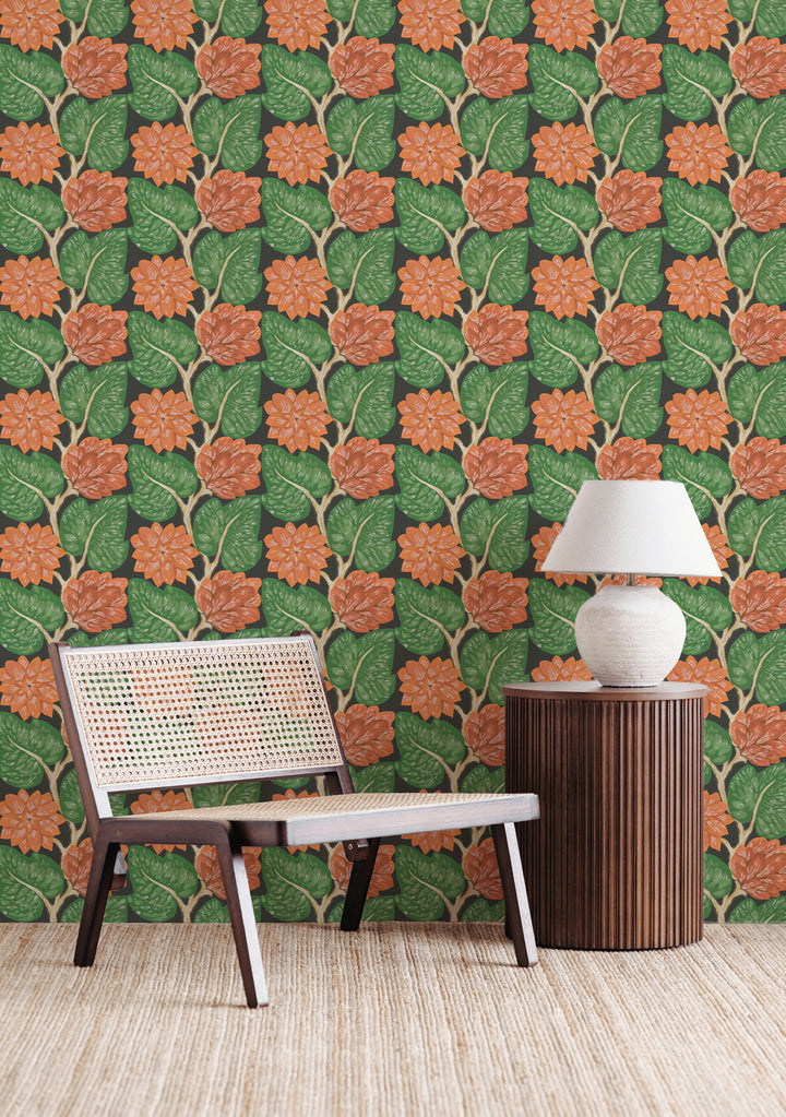 Vintage Vines - Vermillion Red on Black Floral Wallpaper by Bohemian Bungalow