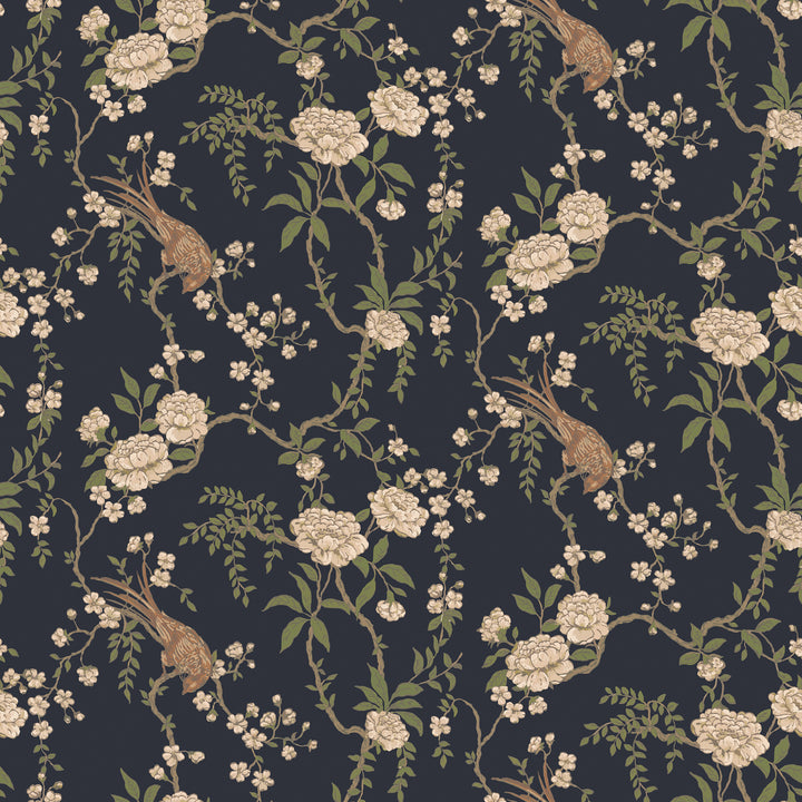 Floral Bird Toile - Black Wallpaper