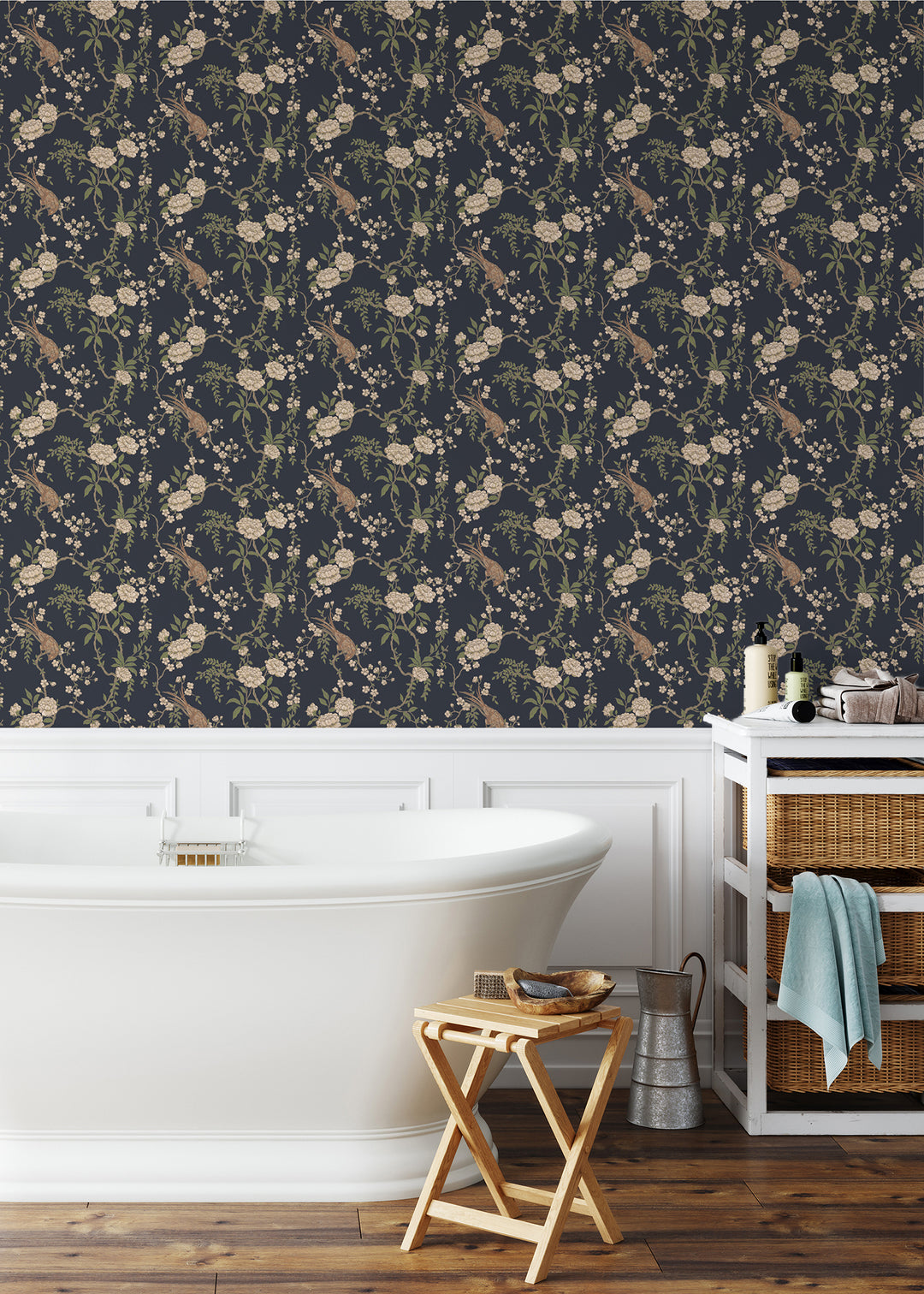 Floral Bird Toile - Black Wallpaper