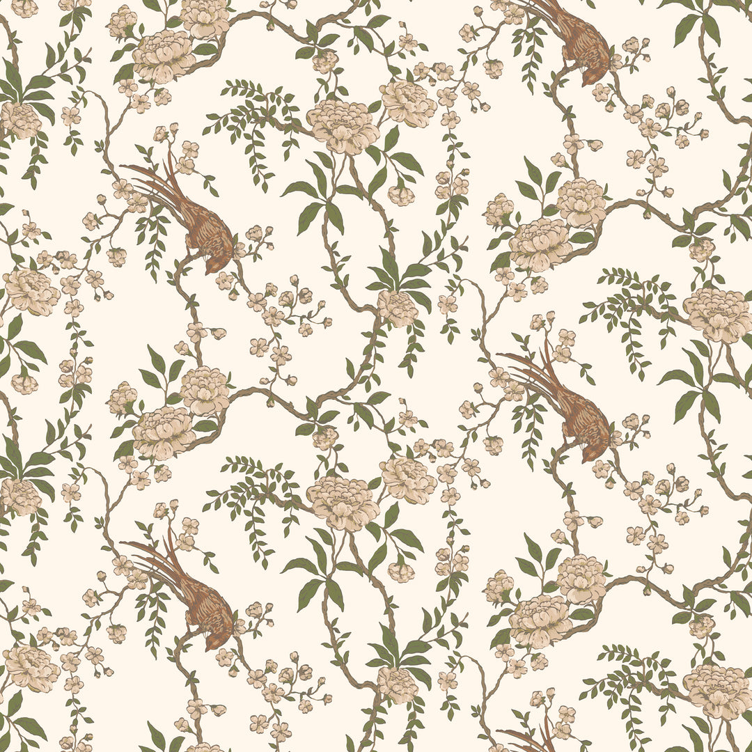 Floral Bird Toile - Brown Wallpaper