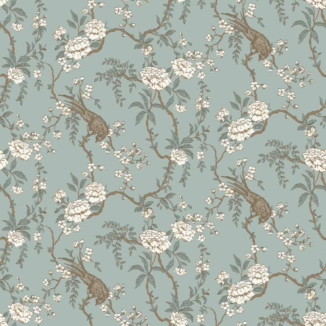 Floral Bird Toile - Light Blue Wallpaper