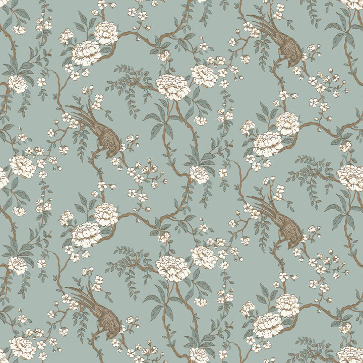 Floral Bird Toile - Light Blue Wallpaper