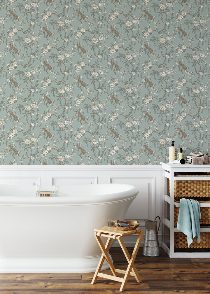Floral Bird Toile - Light Blue Wallpaper
