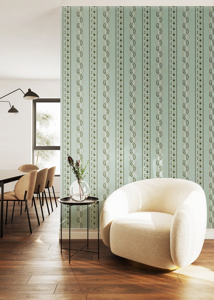 Botanic Stripe - Ash Blue Floral Wallpaper