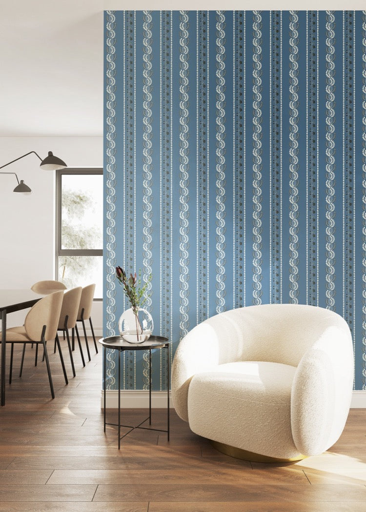 Botanic Stripe - Blue Salt Floral Wallpaper