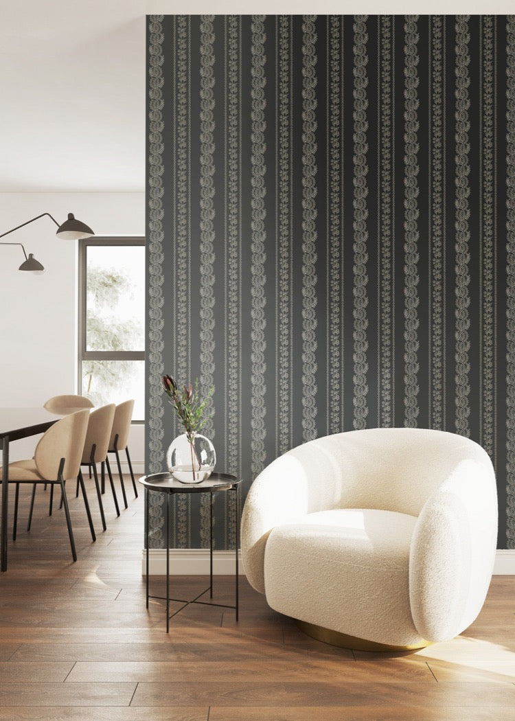 Botanic Stripe - Soot Black Floral Wallpaper