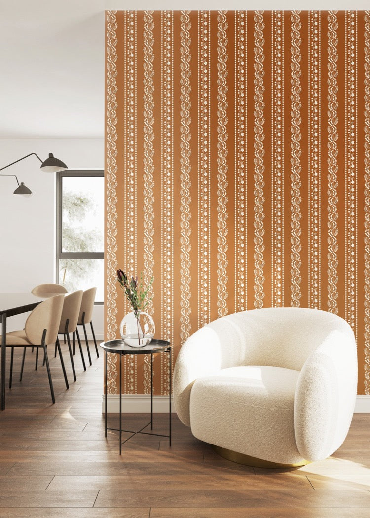 Botanic Stripe - Terracotta Floral Wallpaper