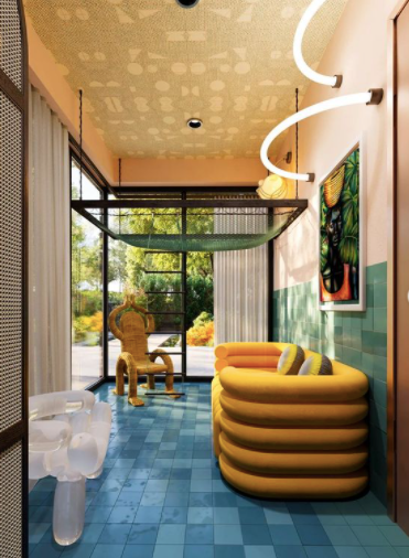 Kali in Olive and Peach wallpaper brightens the ceiling at the Iconic Home virtual showhouse sponsored by Architectural Digest Magazine. The Kali pattern is designed by Monet Masters and Tavia Forbes, aka Forbes + Masters for Mitchell Black. 