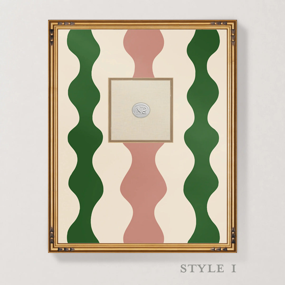 Framed abstract wall art featuring vertical wavy stripes in dark green and dusty pink on an off-white background, enclosed in a gold-toned frame. The artwork is shown hanging on a light gray wall, with the text 'STYLE I' printed below.