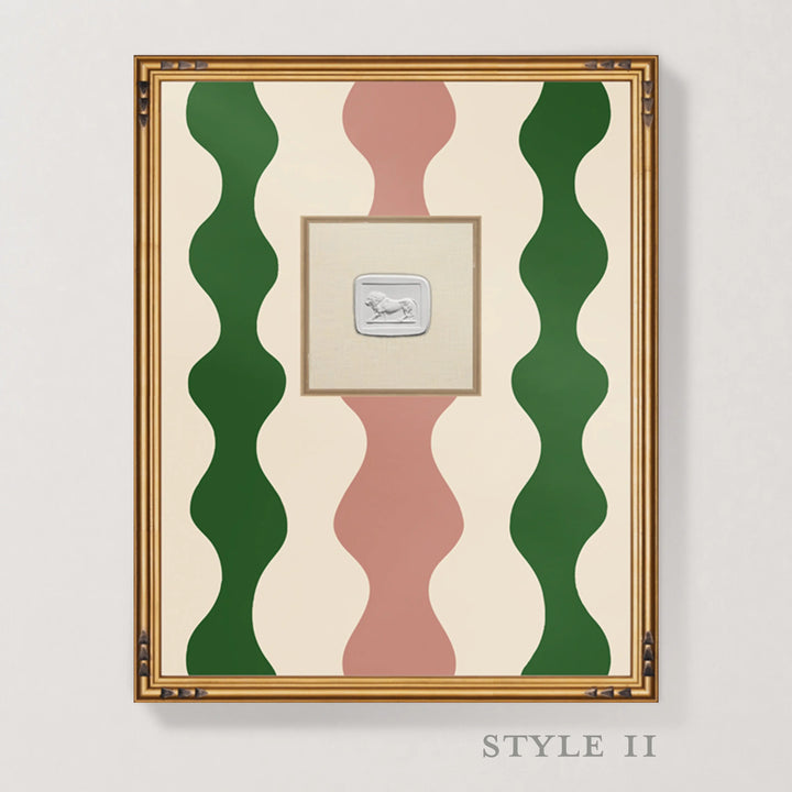 Framed wall art featuring a cream background with three vertical wavy bands in dark green and dusty pink, bordered by a gold frame. A small central inset shows a silver horse emblem.