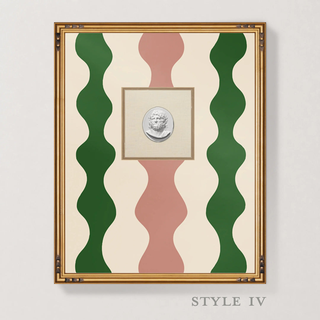 Framed wall art featuring a cream background with vertical wavy stripes in dark green and dusty pink, a central beige square with a silver classical bust medallion, and a gold-toned frame. The text 'STYLE IV' appears below the frame.