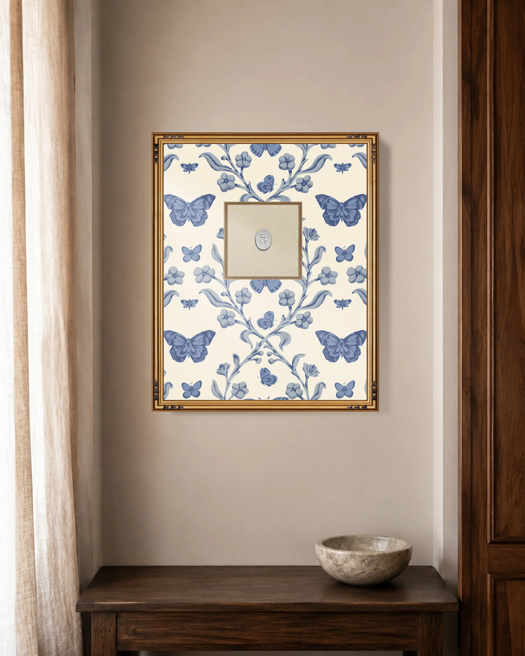 Framed Intaglio Wall Art - Butterfly Garden - Porcelain Blue