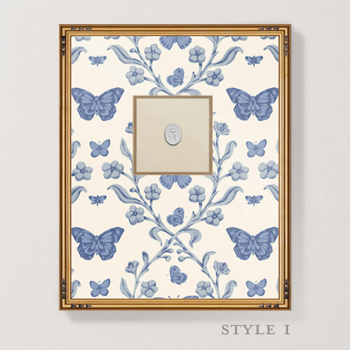 Framed Intaglio Wall Art - Butterfly Garden - Porcelain Blue
