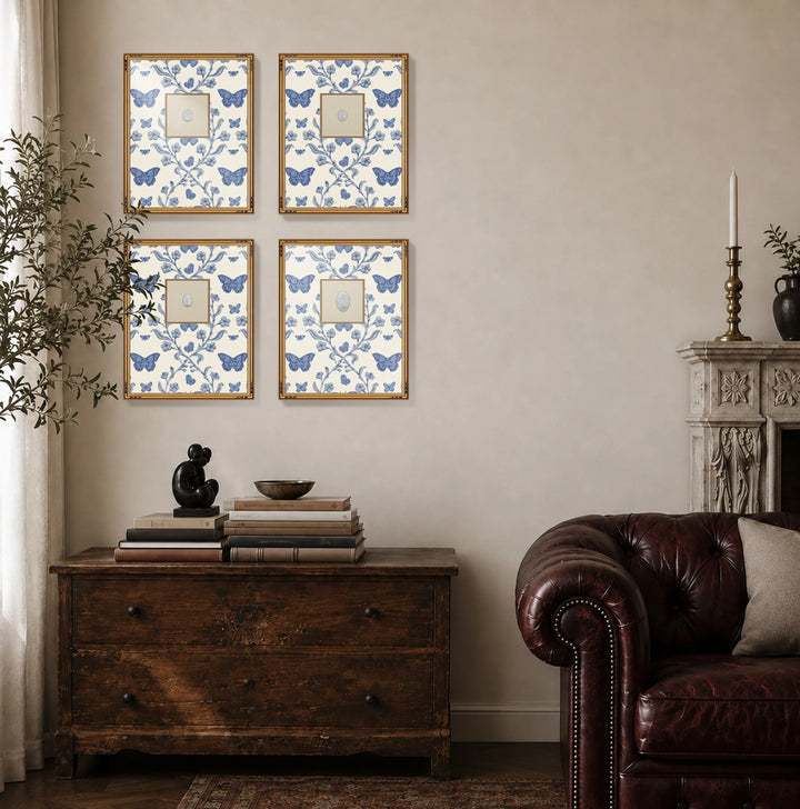 Framed Intaglio Wall Art - Butterfly Garden - Porcelain Blue