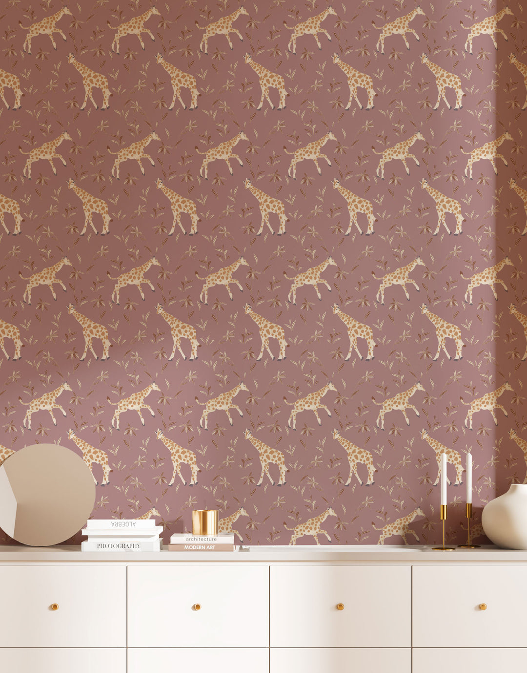 Gentle Giraffe - Mauve Cream Wallpaper by Blessed Little Bungalow