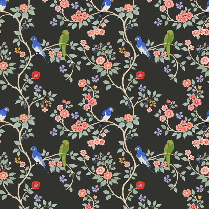 Blossom Perch - Black Lacquer Wallpaper