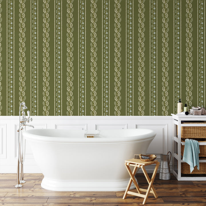 Botanic Stripe - Olive Floral Wallpaper