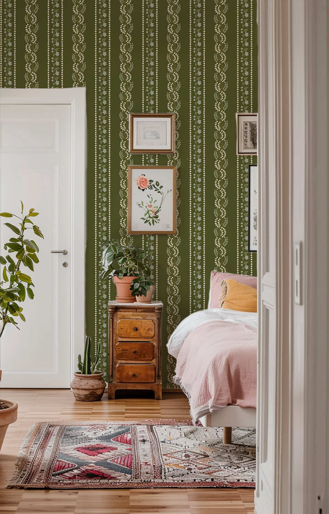 Botanic Stripe - Olive Floral Wallpaper