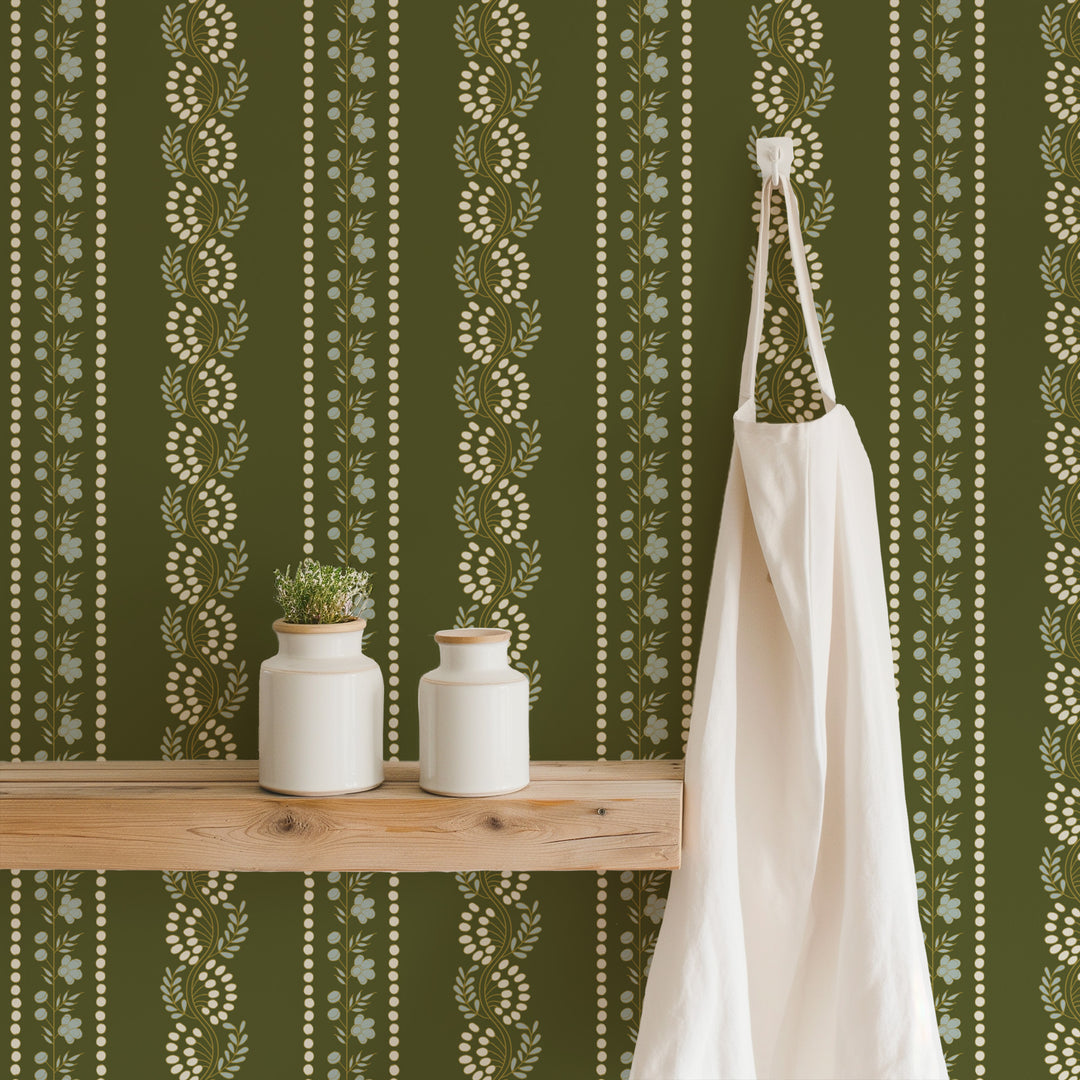 Botanic Stripe - Olive Floral Wallpaper