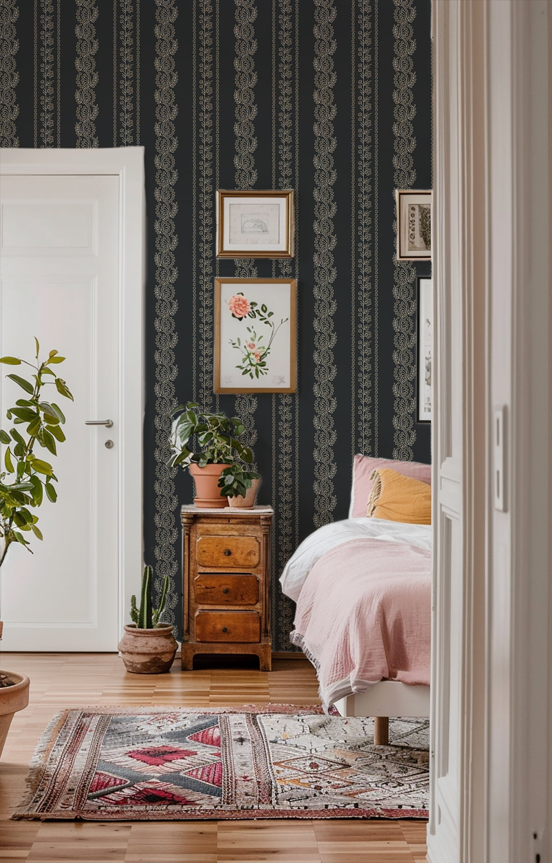 Botanic Stripe - Soot Black Floral Wallpaper