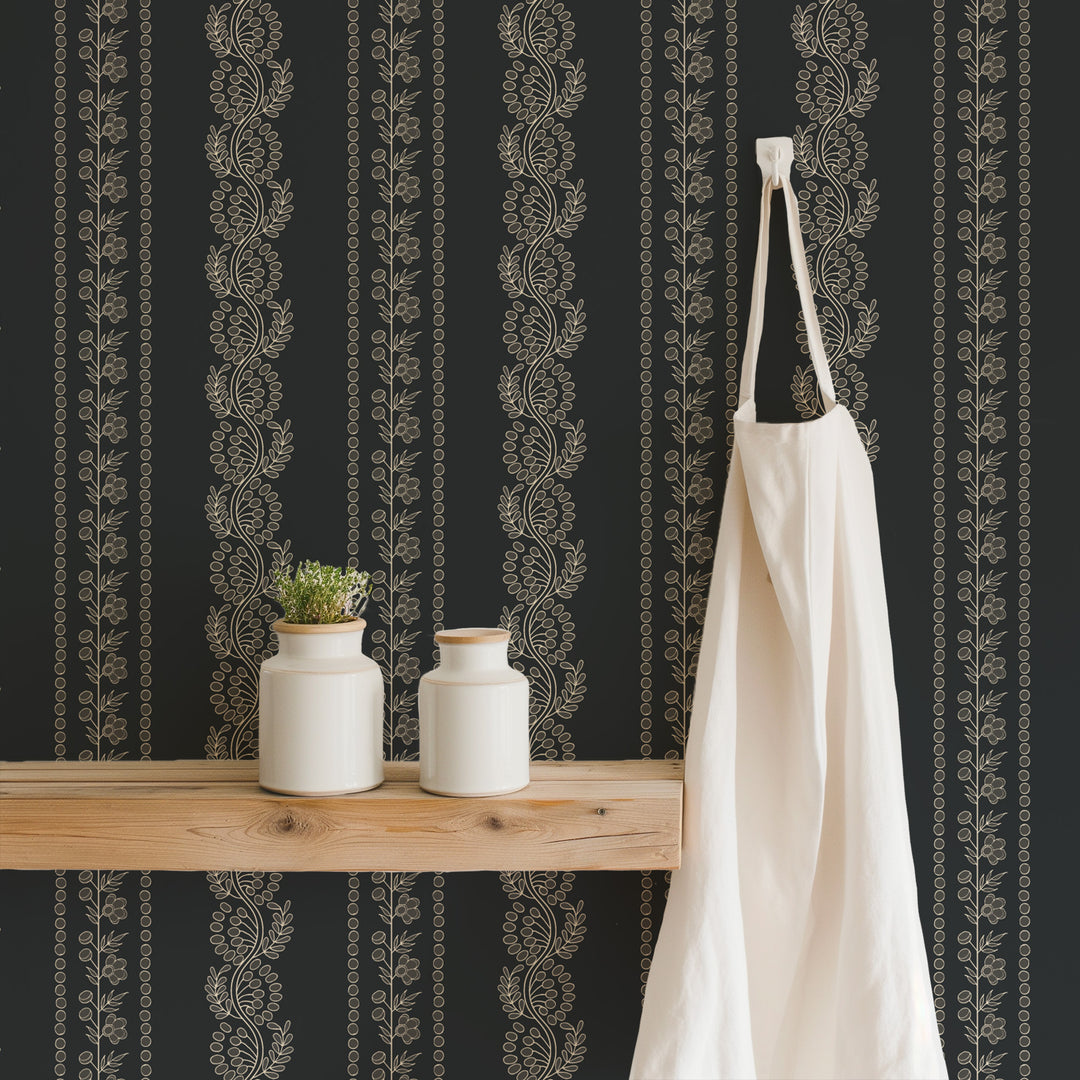 Botanic Stripe - Soot Black Floral Wallpaper