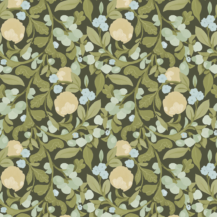 Budding Grove - Deep Olive Floral Wallpaper