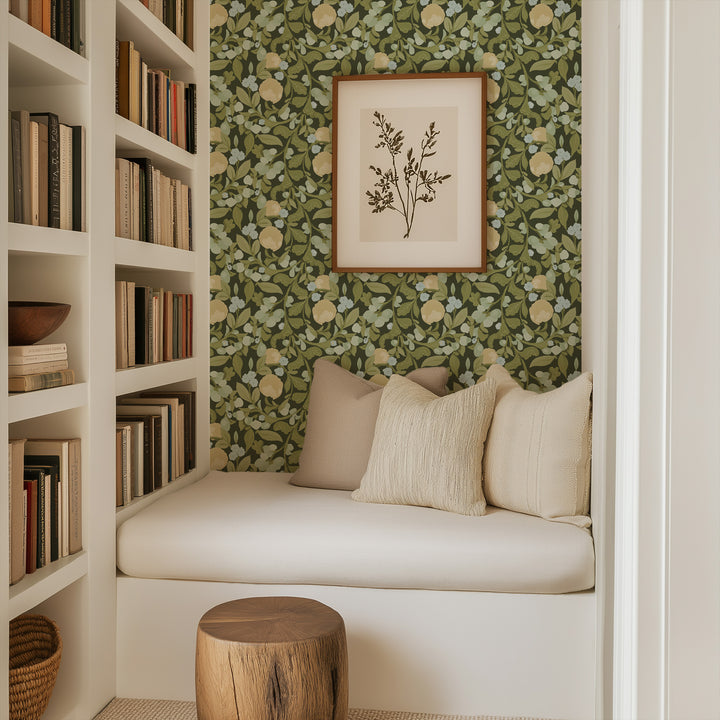 Budding Grove - Deep Olive Floral Wallpaper