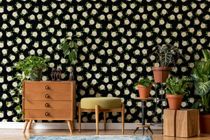 Dahlia - Black Floral Wallpaper by Cara's Garden