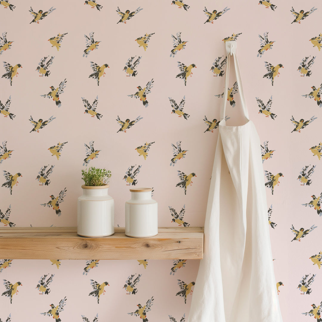 Flight of the Finches - Sunbleached Pink Wallpaper