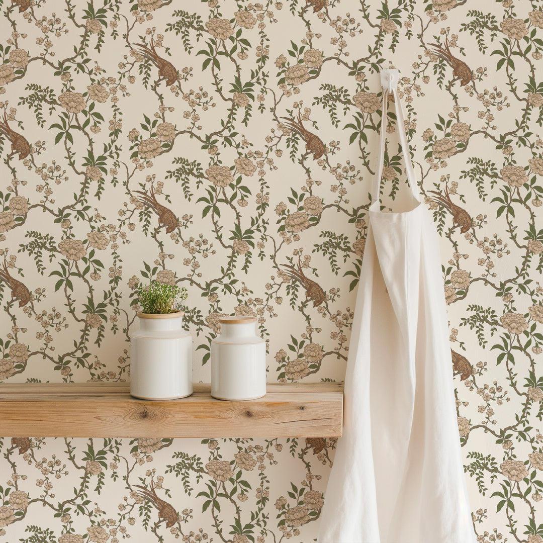 Floral Bird Toile - Brown Wallpaper