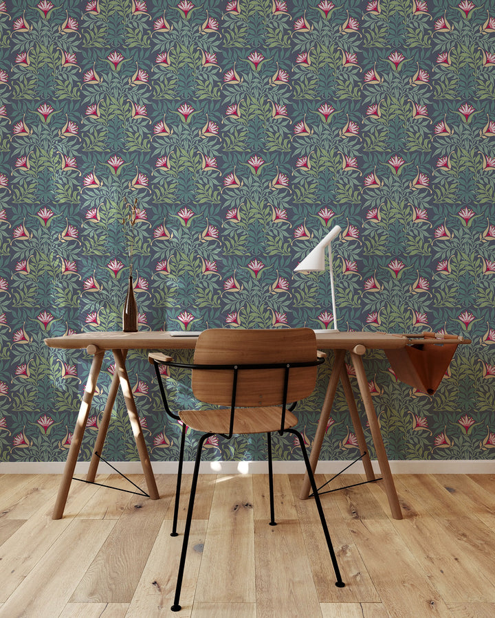 Floral Vine - Blue and Green Wallpaper