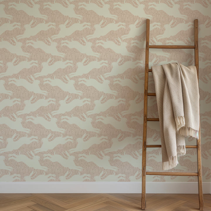 Hopping Hares - Blush Grass Wallpaper