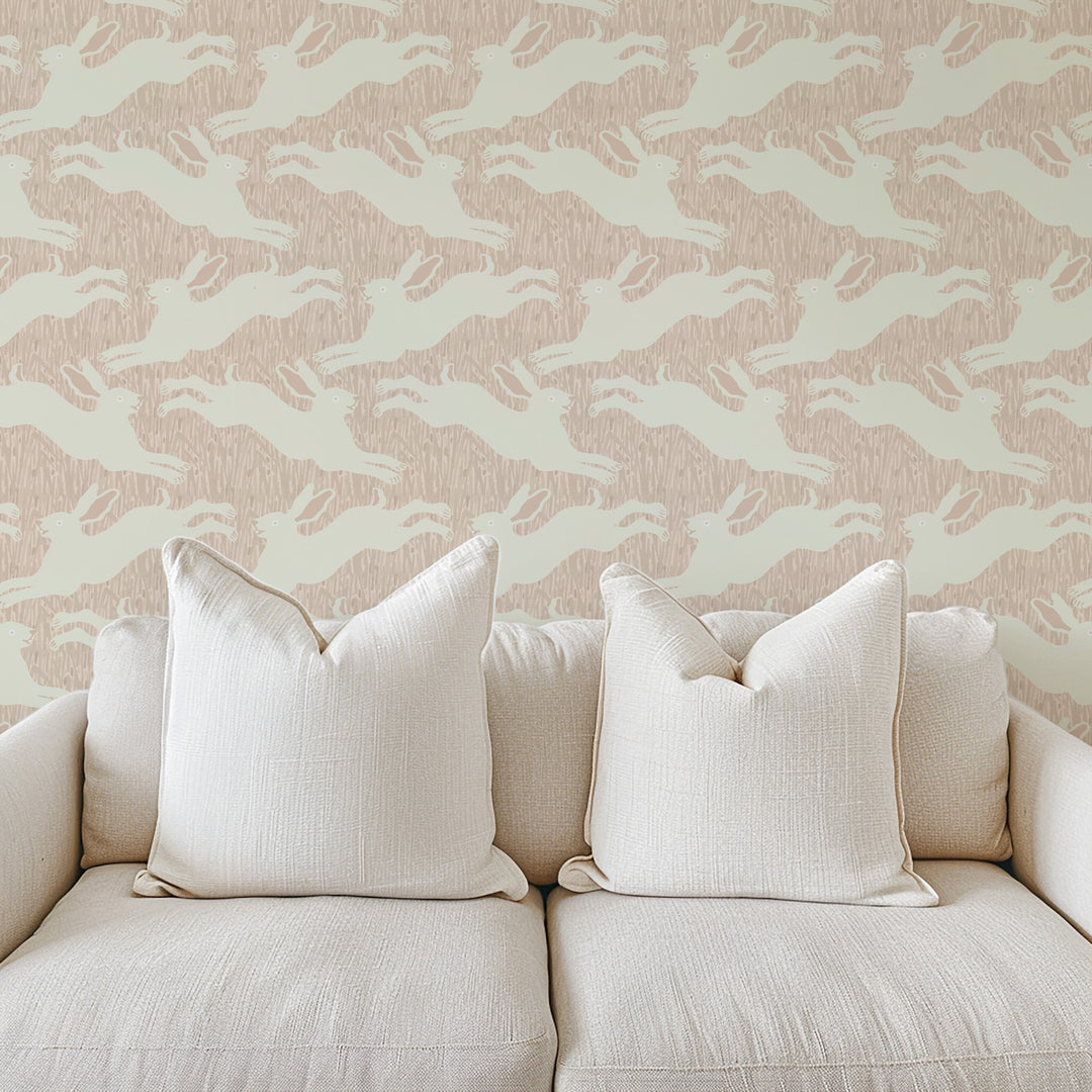 Hopping Hares - Blush Grass Wallpaper