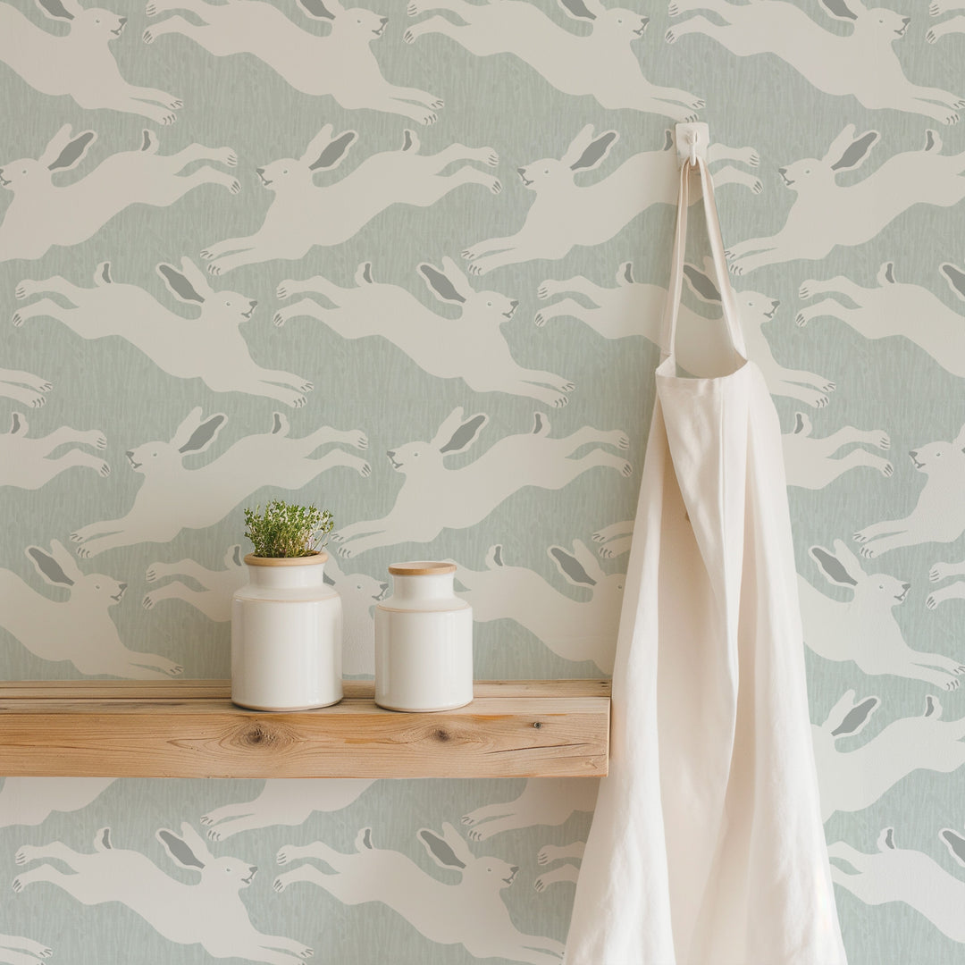 Hopping Hares - Mist Blue Wallpaper