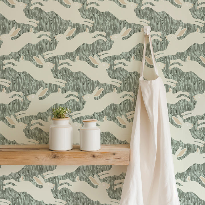 Hopping Hares - Silver Thicket Wallpaper