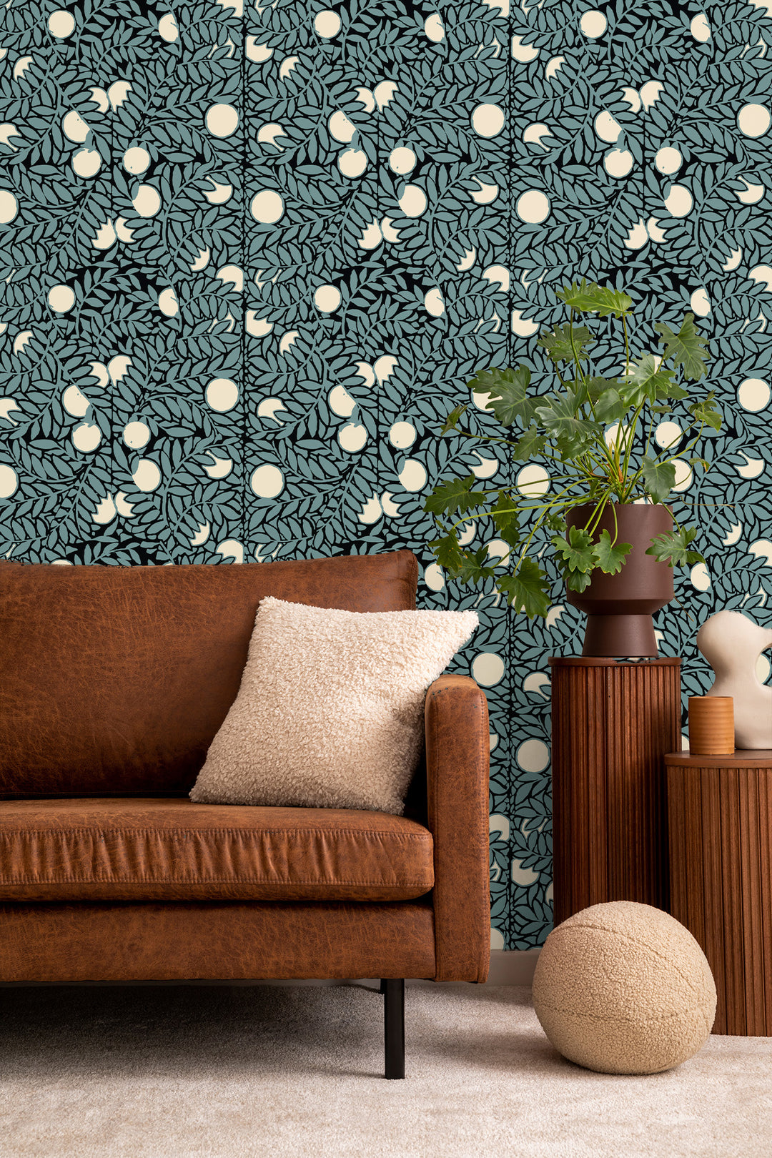 Orange Grove - Blue Cream Floral Wallpaper