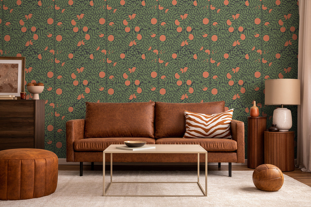 Orange Grove - Forest Green Floral Wallpaper