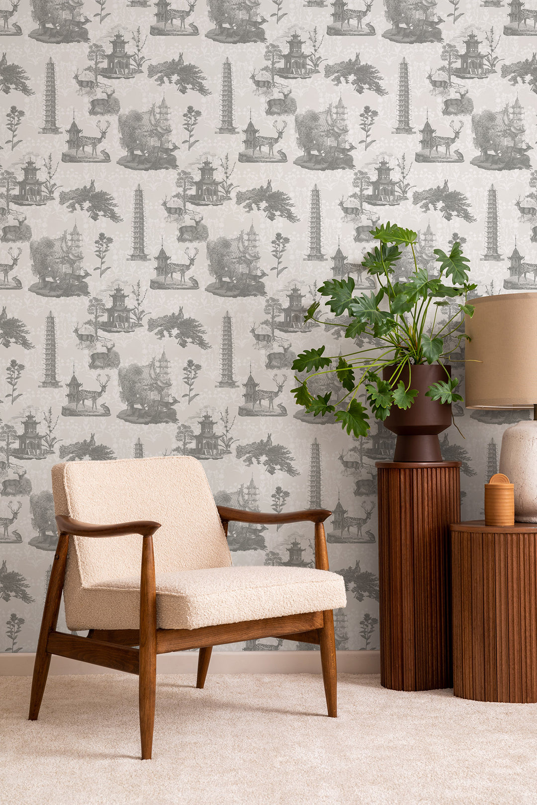 Pagoda Toile - Charcoal Wallpaper