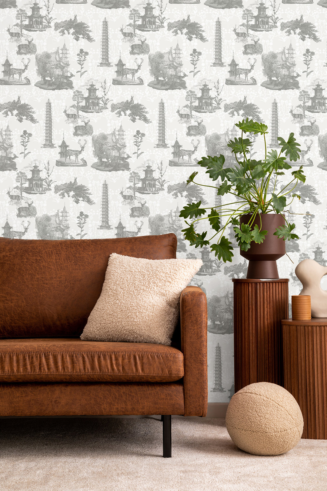 Pagoda Toile - Charcoal Wallpaper