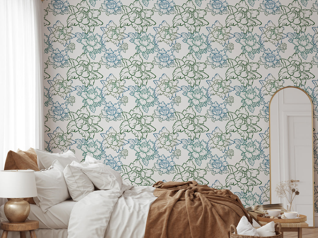 Peony - Green & Blue Floral Wallpaper by Bohemian Bungalow