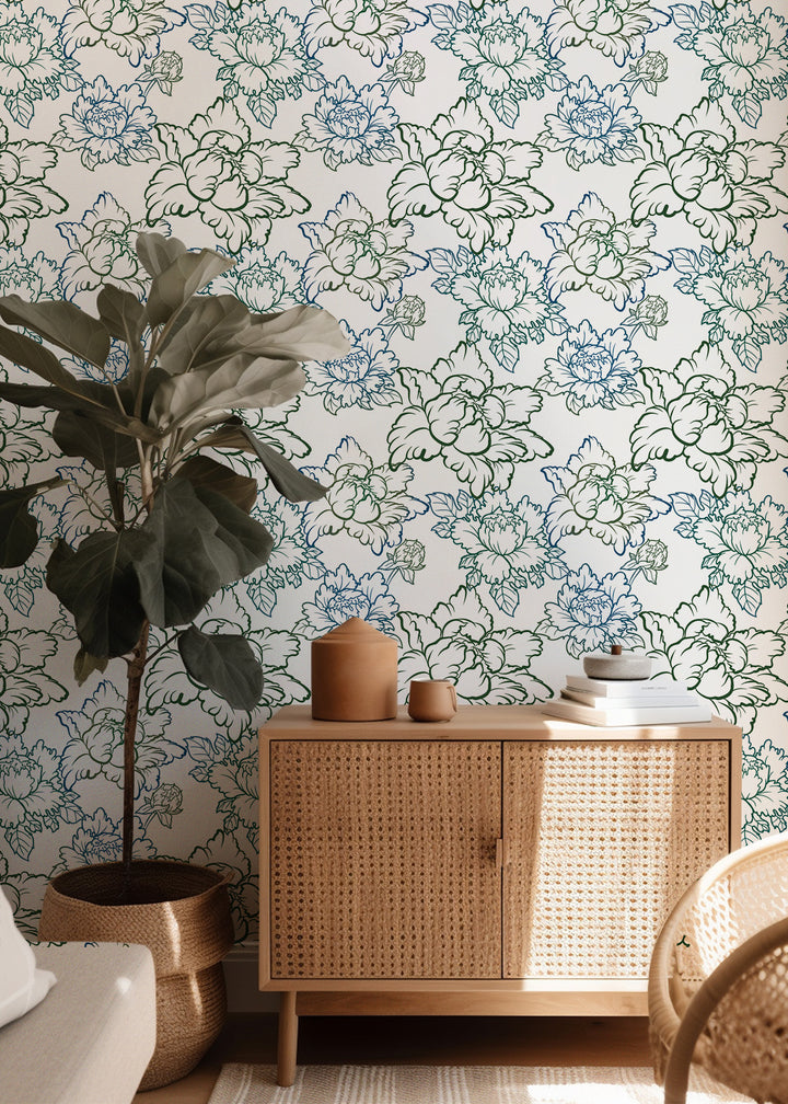 Peony - Green & Blue Floral Wallpaper by Bohemian Bungalow