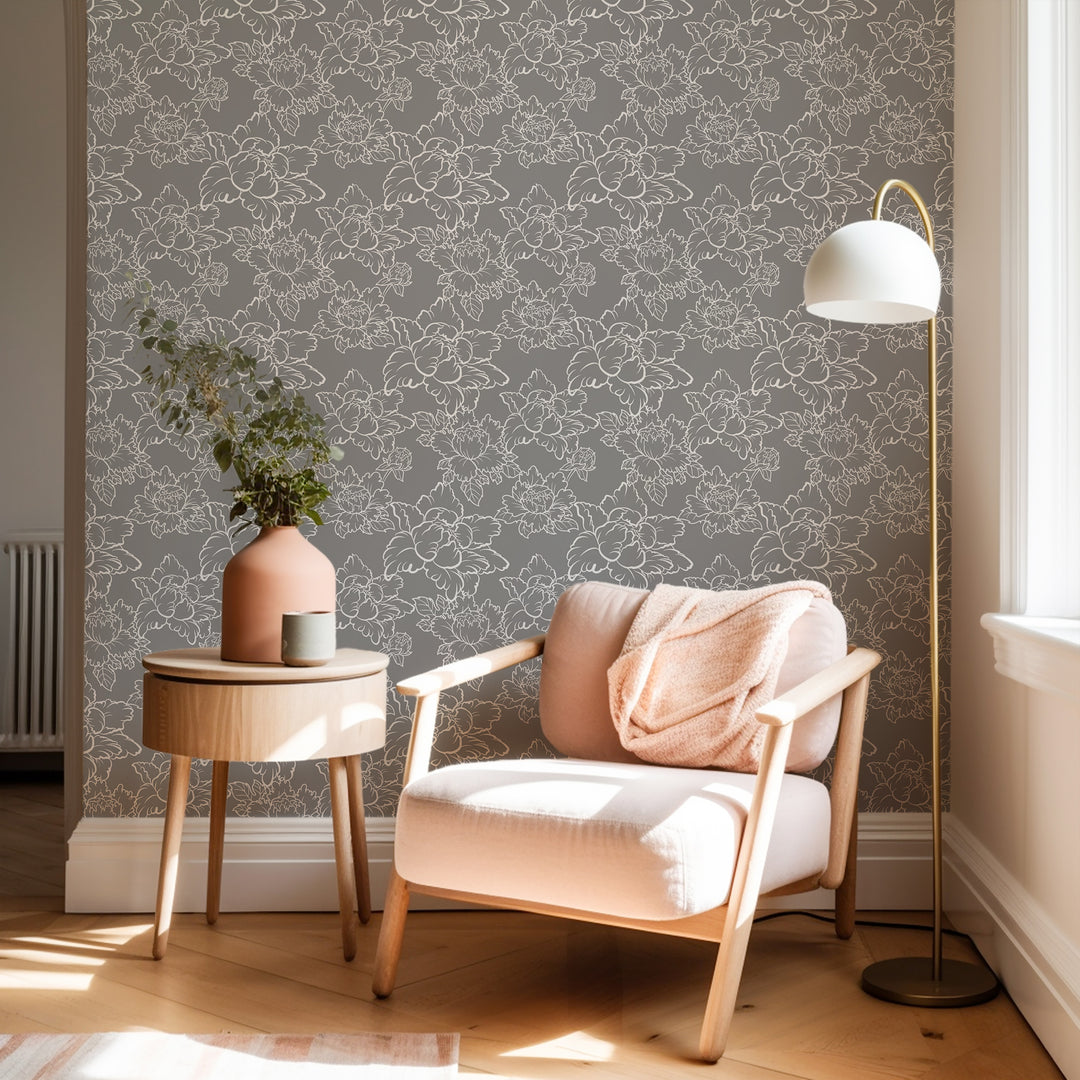 Peony - Grey Floral Wallpaper by Bohemian Bungalow