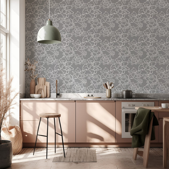 Peony - Grey Floral Wallpaper by Bohemian Bungalow