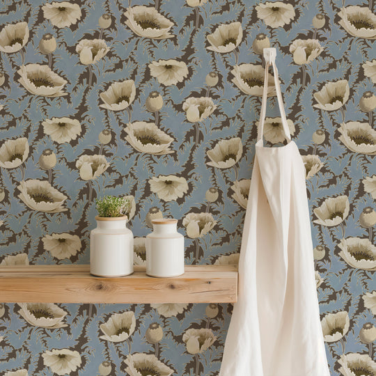 Poppy Bloom - Brownstone Blue Floral Wallpaper – Mitchell Black